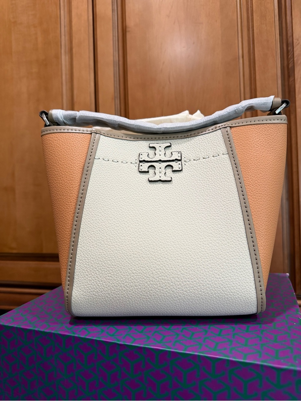 Tory Burch Cream and Peach Pebbled Leather Mini Bucket Bag
